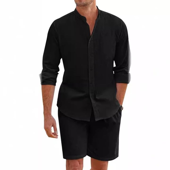 2%20pcs%20Sets%20Men's%20Summer%20Cotton%20Linen%20Shirt%20and%20Shorts%20Cardigan%20Simple%20Casual%20Beach%20Shirts%20Comfortable%20Hawaii%20Wear%20-%20Image%202