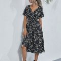 High Quality Luxury Design Dress 2024 Elegant Waist Cinching V-neck Printed Elastic Waist Maxi  Dress Women Clothing Vestido. 