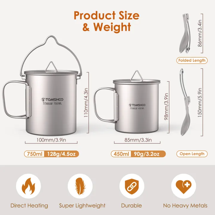 Tomshoo%203%20PCS%20Titanium%20Cookware%20Set%20Ultralight%20750ml%20Pot%20450ml%20Water%20Cup%20Mug%20w%20Lid%20Folding%20Spork%20for%20Outdoor%20Camping%20Backpacking%20-%20Image%204