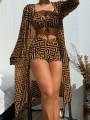 Women's Beach Summer Geometric Print Three-Piece Swimsuit Set with Long Sleeve Beach Cover-Up, Polyester Knit Fabric with Elasta.
