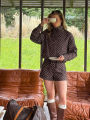 Womens Polka Dot 2 Piece Set Casual Stand Collar Long Sleeve Crop Top And High Waist Shorts Outfit Spring Fashion Streetwear.