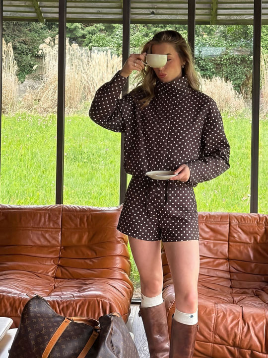 Womens Polka Dot 2 Piece Set Casual Stand Collar Long Sleeve Crop Top And High Waist Shorts Outfit Spring Fashion Streetwear