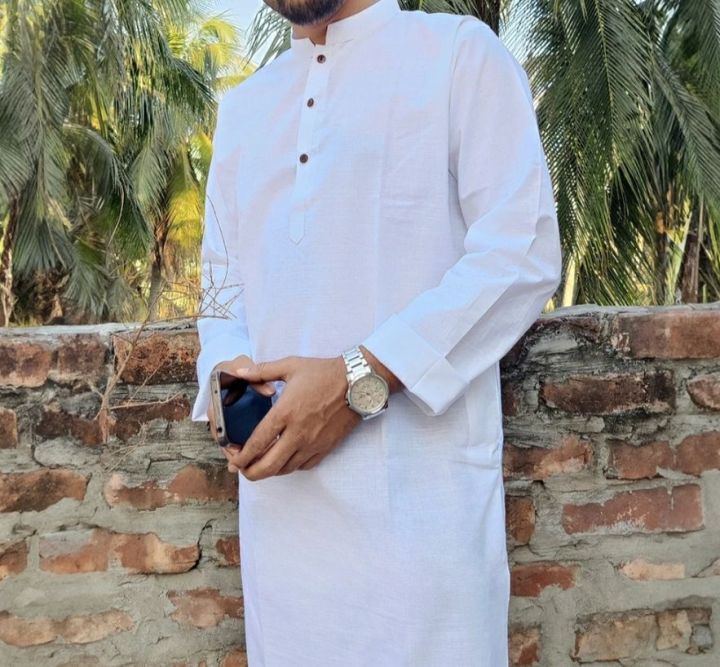 Stylish semi long khadi panjabi -White Big Panjabi - Panjabi For Men