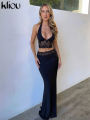 kliou Lace Patchwork Women 2 Piece Set Halter Fashion Backless Sheer V-neck Tanks+Trim Matching Long Skirts Mujer Elegant Suits.