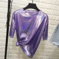 New summer retro style stylish bright silk woman tops shiny loose short sleeve t-shirt sexy club aesthetic harajuku women tshirt. 