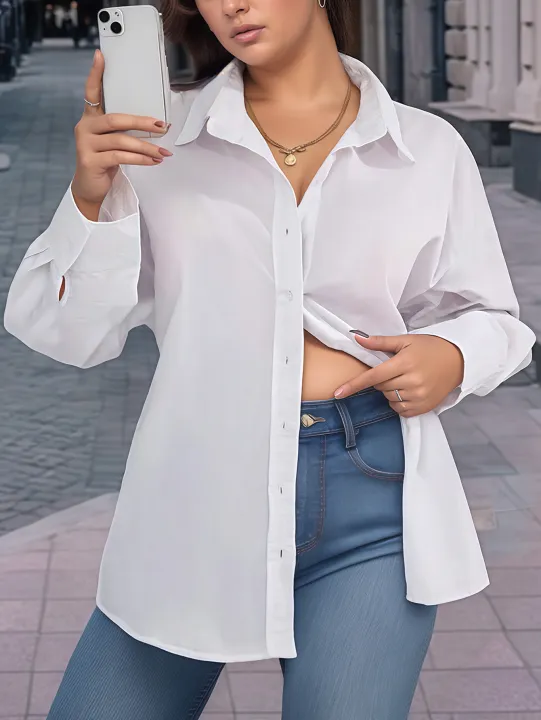 Plus%20Size%20Women's%20Crop%20Top%20Shirt%20Elegant%20Women's%20Tie-Front%20Long-Sleeved%20Shirt%20Solid%20Colour%20Suitable%20for%20Autumn%20-%20Image%207