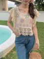 Granny Square Top Crochet Knit Sheer Embroidery Lace Square Neck Blouse Summer Women Teengirl Fairycore Cottagecore Outfit. 