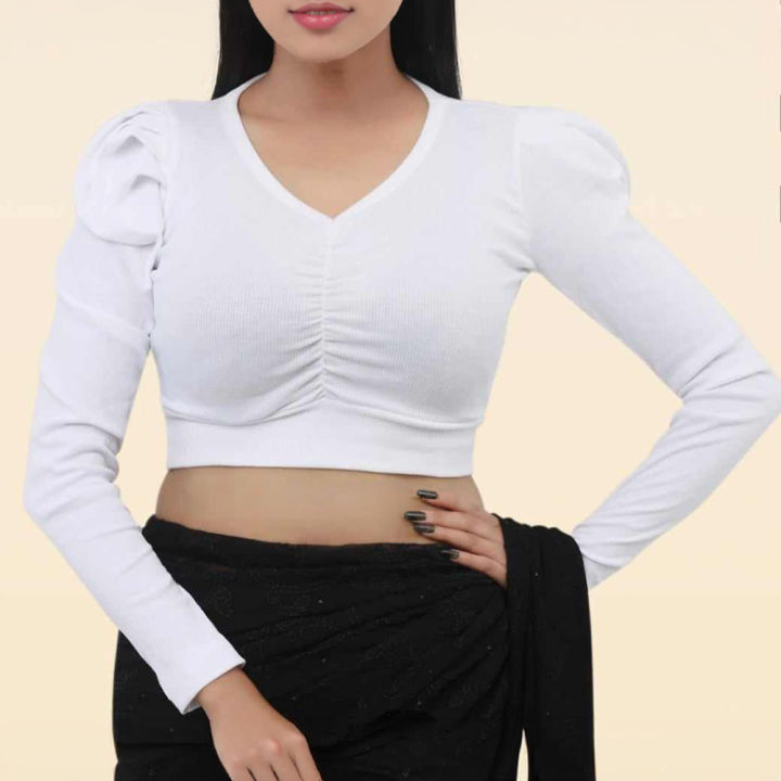 Crop Top Blouse For Women All Season Cotton Spandex Fabric Long Sleeve Casual Style Multiple Color