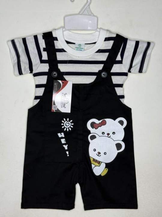 Cute Baby Romper Set 6 Months – 3 Years | White & Black Striped T-Shirt + Black , Red , Yellow , Orange , Turquoise Romper with Bear Print | Infant Outfit for Daily Wear, Birthday, Party & Outdoor
