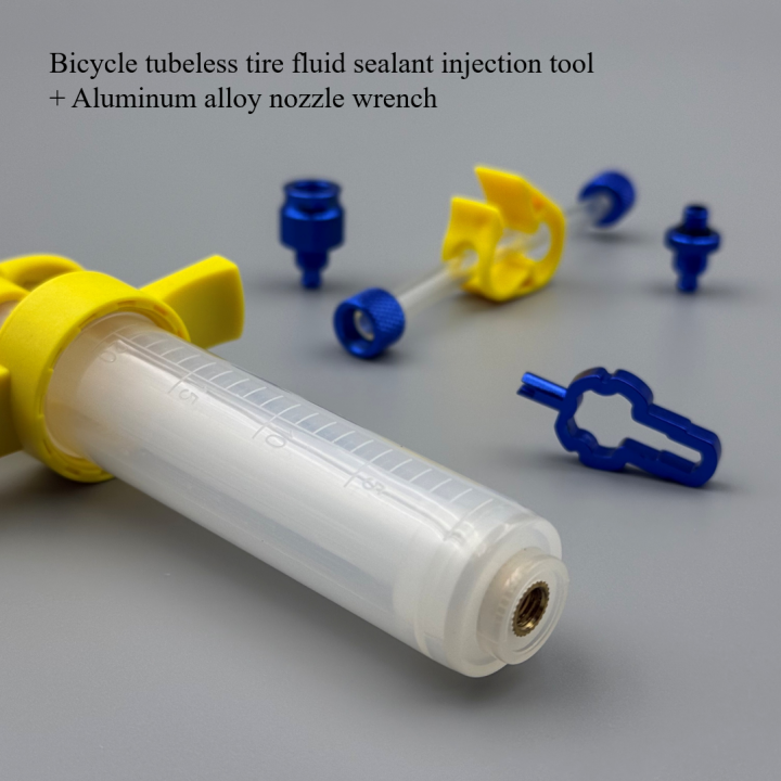 1Set Bicycle Tubeless Tire Sealant Injector Repair Tool with 4-in-1 Nozzle Wrench for Schrader & Presta, Aluminum Alloy Joints