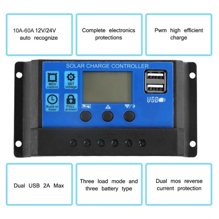 60A/50A/40A/30A/20A/10A%2012V/24V%20Auto%20Solar%20Charge%20Controller%20PWM%20Controllers%20LCD%20Dual%20USB%205V%20Output%20Solar%20Panel%20PV%20Regulator%20-%20Image%202