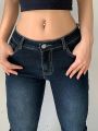 Kalevest Y2K High Street Low Rise Jeans Blue Women Pants Bootcut Pockets Jeans Streetwear Low Waist Jeans Wide Leg Pants.