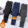 Winter Lady Thermal Plush Jeans Snow Warm Stretch Jeans Hot Sale High Waist Fleece Pants Female Straight Leg Denim Trousers. 