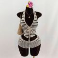 Summer Seaside Beach Vacation Style Knitted Lace up Slim Fit Halterneck Vest Half-Length Shorts Two-Piece Set for Women  sty. 