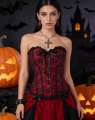 Women Gothic Floral Lace Overbust Corset, Sweetheart Strapless Bustier with Ruffle Trim Front Bow, Busk Closure Lace Up Back.
