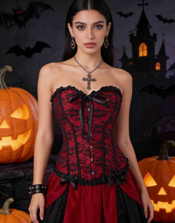 Women Gothic Floral Lace Overbust Corset, Sweetheart Strapless Bustier with Ruffle Trim Front Bow, Busk Closure Lace Up Back