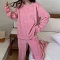 Winter Flannel Two-piece Loose Casual New O-neck Striped Coral Fleece Top Elastic Waist Pants sets Women's Pajamas Set Sleepwear.