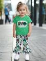Girls' 2Pcs Green Clover Outfit: Graphic Tee + Flared Pants St. Patrick's Set. 