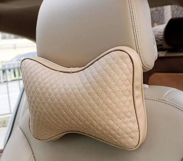 New Premium Quality Beige Leather Car Neck Rest Pillow/Cushion Set of Pillows Compatible with All Cars - Pack of 2 Pieces