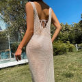  Style Solid Color Backless Slip Dress Women Vacation See-Through Swimsuit Cover Up Knitting High Slit Beach Dress. 