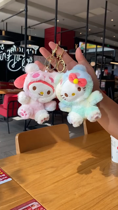 12 cm Sanrio colorful panda pendant kuromi plush key toy sticky hello kitty cinnamoroll melody soft filling my doll keychain