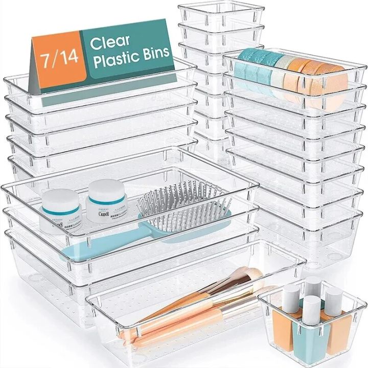 7/14 Pcs Drawer Organizers Set Clear Plastic Desk Dividers Bins Bedroom ...