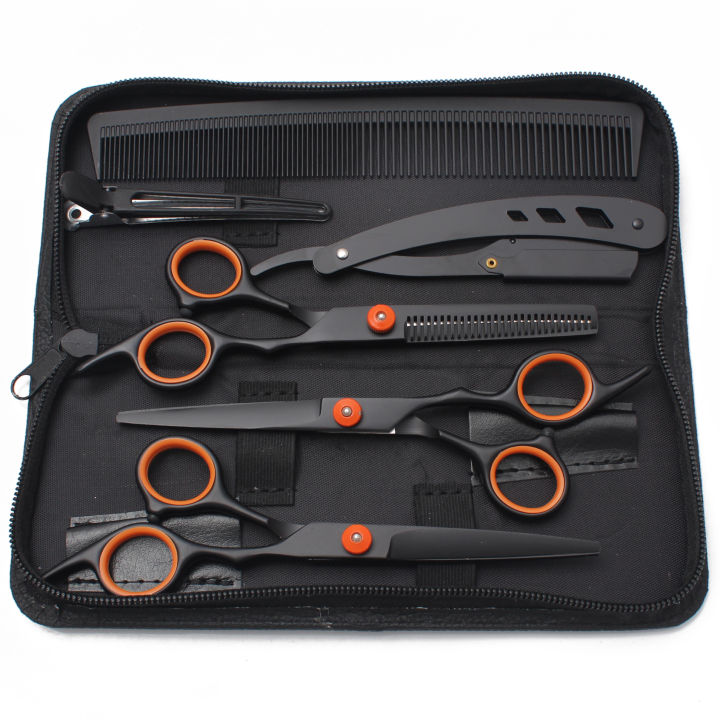 Hair Scissors JP Stainless Hairdressing Scissors 6" Haircut Set Black Thinning Shears Salon Haircut Scissors Razor Combs C1001