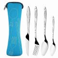 4Pcs/3Pcs Set Dinnerware Portable Printed Knifes Fork Spoon Stainless Steel Family Camping Steak Cutlery Tableware with Bag.