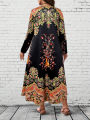 Plus Size Women's Boho Floral Maxi Dress, Long - Sleeve V - Neck, Ethnic Print, Casual & Festival Wear. 