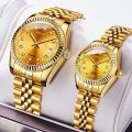 Watches for Women Simple Casual Student Fashion Quartz Diamond-Encrusted Steel Band Calendar Gold Set Men's Watch Couple.
