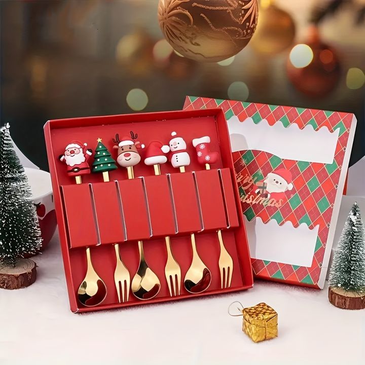 2/4/6Pcs Christmas Fork And Spoon Set,Stainless Steel Creative Tableware,Coffee Tea Dessert Forks And Spoons Set
