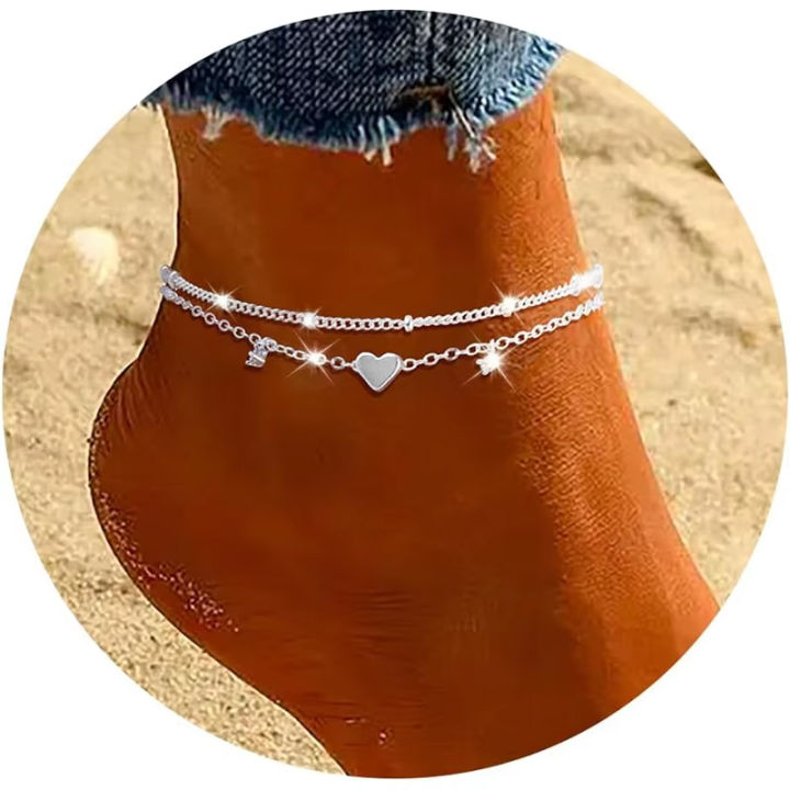 925 Sliver Plated CZ Anklet Bracelets for Women Girl Trendy New Waterproof Heart Charm Dainty Layer Chain Anklets Jewelry