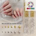 6 Grids Metallic Gold Silver Nail Art Rhinestones Decor Manicure Charms Flatback Starburst Pentagrams Jewel Nail Accessories. 