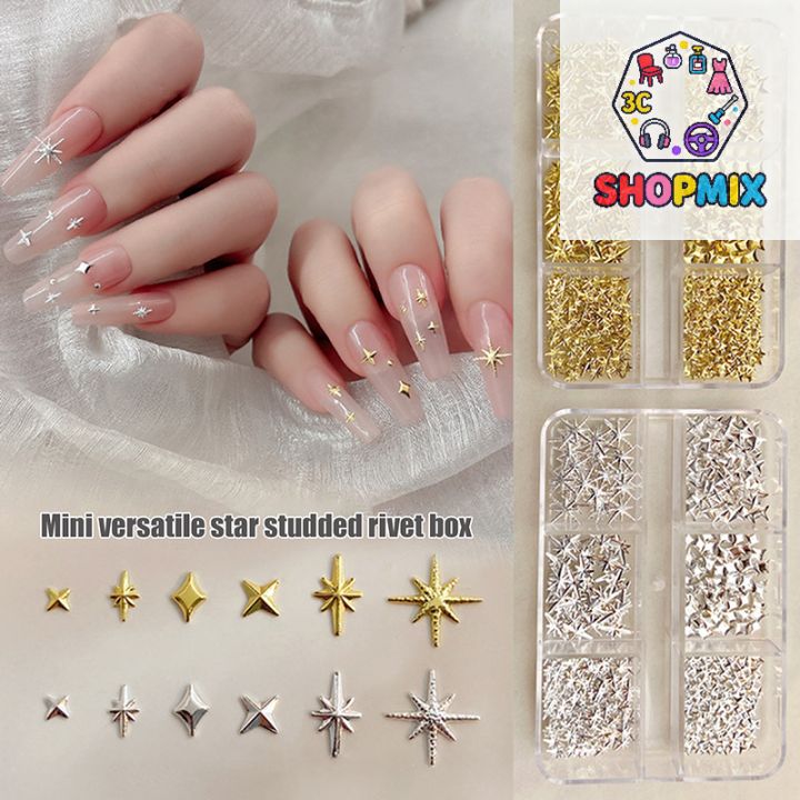 6 Grids Metallic Gold Silver Nail Art Rhinestones Decor Manicure Charms Flatback Starburst Pentagrams Jewel Nail Accessories