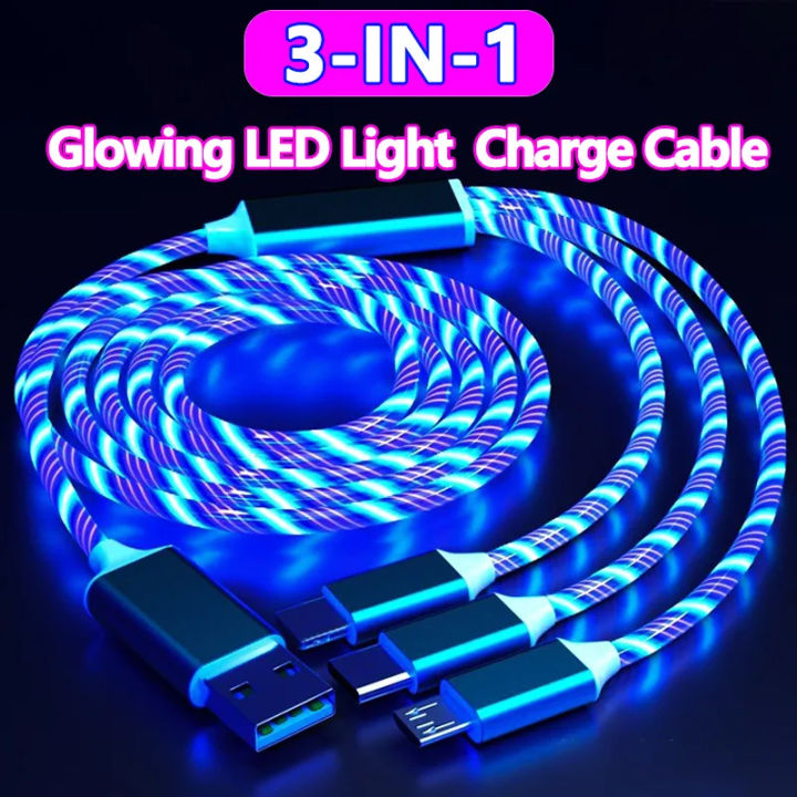 Glowing LED Light 3 in 1 3A Fast Charging Micro USB Type C Cable For Samsung Xiaomi Redmi Huawei