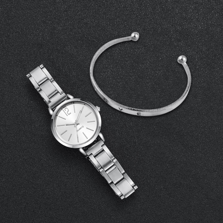 2PCS%20Women's%20Watch%20Fashion%20Gold%20Steel%20Band%20Quartz%20Wristwatch%20Opening%20Cuff%20Bracelet%20Set%20girls%20watch%20-%20Image%205