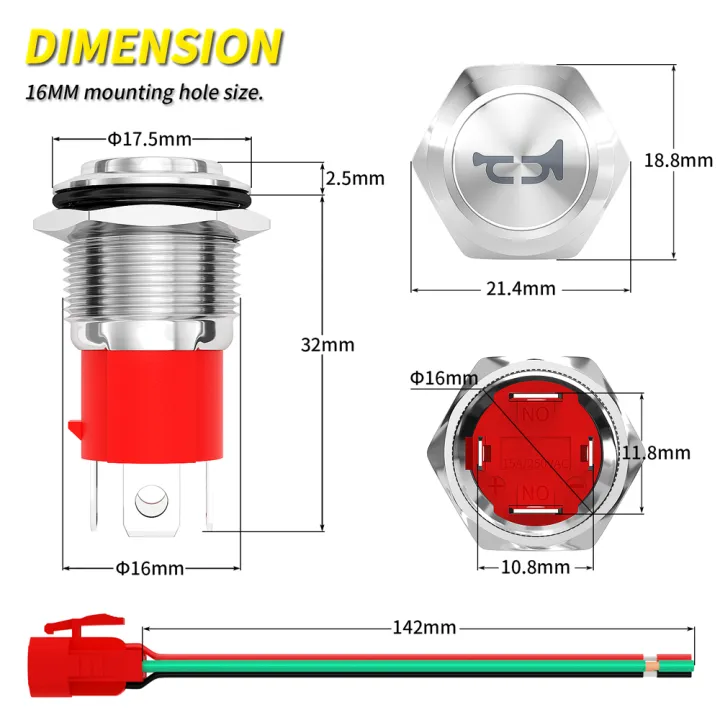 DaierTek%20Horn%20Button%2012V%2020A%20Heavy%20Duty%2016MM%20Metal%20Horn%20Switch%20Speaker%20Blue%20LED%20Stainless%20Steel%20Momentary%20Push%20Button%20Switch%20-%20Image%203