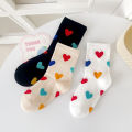 Three Pairs of Girls' Socks for Spring and Autumn, Sweet and Versatile, with a Heart-Shaped Color Block Design. 