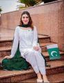 Beautiful Azadi 3 Piece Suit Green Chiffon Dupatta with white Chickan Kari Shirt and white Chicken Kari Trouser Unstitched. 