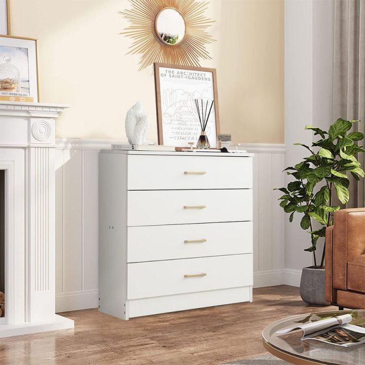 BM-MART Dressers for Bedroom, Heavy Duty 4-Drawer Wood Chest of Drawers, Modern Storage Bedroom Chest for Kids Room, White Vertical Storage Cabinet for Bathroom, Closet, Entryway,