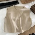Women Sweater Vest Gold Button Up Waistcoat Soft Knitted Sleeveless Cardigan Jacket Top Fall Winter Korean Ladies Chic Outfit.