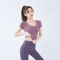 Slim Solid T Shirts for Women with Chest Pads Yoga T Shirts Gym Trainning Running High Elastic Fashion Knit Fitness Short Sleeve.
