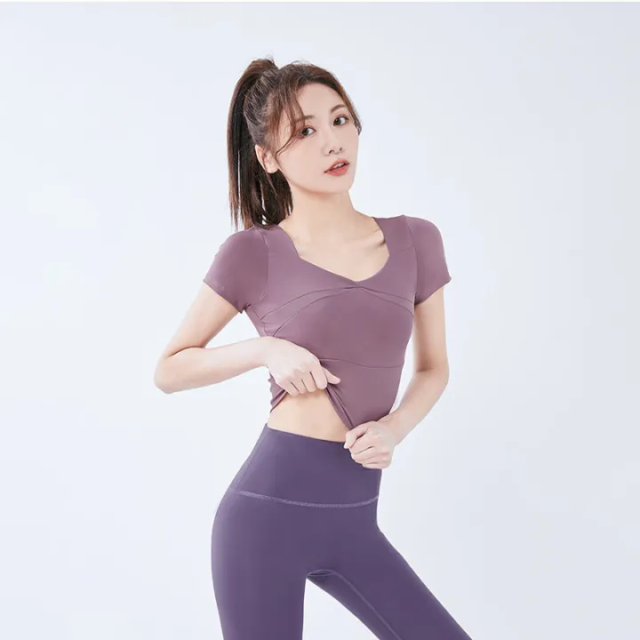 Slim%20Solid%20T%20Shirts%20for%20Women%20with%20Chest%20Pads%20Yoga%20T%20Shirts%20Gym%20Trainning%20Running%20High%20Elastic%20Fashion%20Knit%20Fitness%20Short%20Sleeve%20-%20Image%202