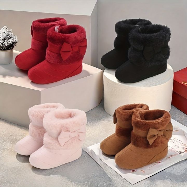 Baby Girls Snow Boots 0-18 Months Winter Warm Plush Soft Sole Non Slip Cute Bow Comfortable Toddler Shoes