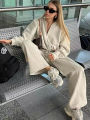 HH Women's Fall 2-Piece Retro Solid Color Zip Bomber Jacket Sweatshirt+High Waist Lace Up Women's Wide Leg Pants Street Wear. 