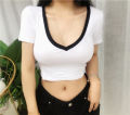 Patchwork Colors Deep V Neck Sexy Crop Top Women Summer New Short Sleeve Women's T-shirt Y2k Clothes Skinny Casual Tops Korean. 