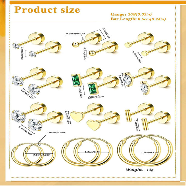 2Pcs%2014K%20Gold%20Plated%20Flat%20Back%20Stud%20Earrings%20for%20Women,%20Hypoallergenic%20Stainless%20Steel%20Screw%20Back%20Cartigale%20Conch%20Helix%20Earrings%20-%20Image%204