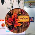 Fall Welcome Door Sign - 8 Inch Round Autumn Wood Grain Hanging Wall Decor with Maple Leaves, Pinecones & Berries. 