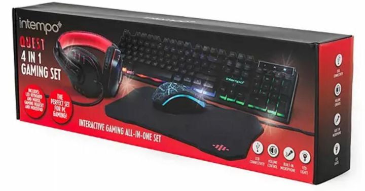 Intempo EE5836BLKSTKEU7 Quest 4 in 1 Gaming set includes RGB wired Gaming Mouse, RGB wired Gaming semi mechanical keyboard,Wired Headphones and Mouse mat