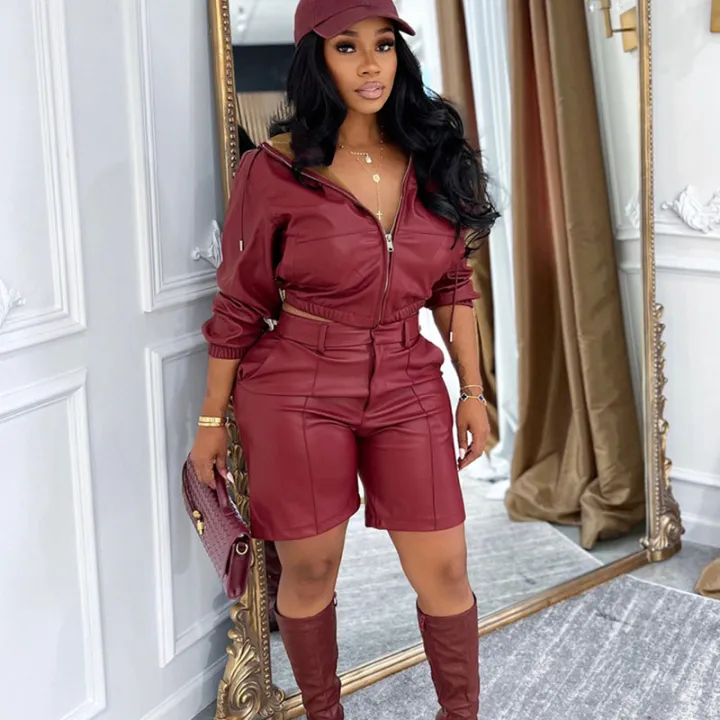 Doyerl%20PU%20Faux%20Leather%202%20Pieces%20Set%20for%20Woman%20Motorcycle%20Long%20Sleeve%20Zip%20Hooded%20Cropped%20Jacket%20and%20Shorts%20Matching%20Sets%20Outfits%20-%20Image%202